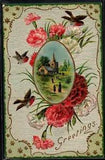 BV011 ART NOUVEAU GREETINGS CARNATIONS ROBINS LANDSCAPE in FRAME Embossed