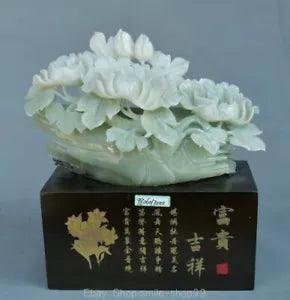 11" Chinese White Xiu Jade Carving Feng Shui Peony Flower Base Lucky Sculpture