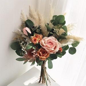 Rustic boho Wedding Bouquet , silk rose bouquet,bridal bridesmaids bouquets,Home  Deco,Pampas grass Bouquet