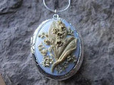 LILY OF THE VALLEY HAND PAINTED CAMEO SILVER PLATED LOCKET (BLUE) - WEDDING