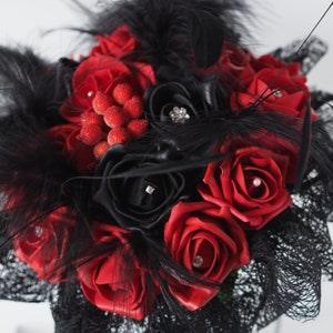 Artificial Red & Black Foam Rose Black Feather Plumes - Lace Collar Hand-Tied Gothic Bridal Bouquet