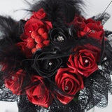 Artificial Red & Black Foam Rose Black Feather Plumes - Lace Collar Hand-Tied Gothic Bridal Bouquet