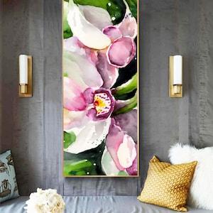 Cherry Pink Orchid Floral Abstract Print, Narrow Canvas, Green Accents, White Flower Abstract Print, Wall Art Decor, UK