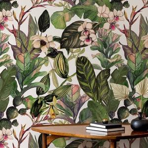 Tropical plants wallpaper, peel and stick wallpaper, watercolor floral wallpaper, temporary removable wallpaper, home decor