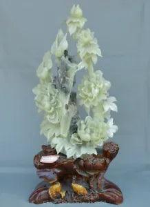 21" China Natural Xiu Jade Carving Feng Shui Peony Flower Bird Base Statue