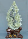 21" China Natural Xiu Jade Carving Feng Shui Peony Flower Bird Base Statue