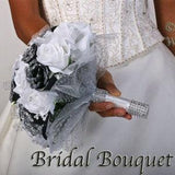 SOPHIA BLACK WHITE Wedding Bouquet Package Bridal Bridesmaid Groom Boutonnieres Corsages Keepsake Bouquets Roses Silk Floral Custom Flowers
