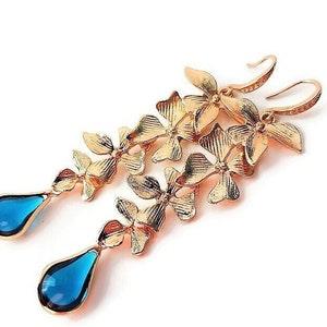 Gold Orchid Cascading Earrings, Teal Blue Teardrop Long Earrings, Nature Botanical Jewelry, Flower Branch Earrings, Big Chandelier Earrings