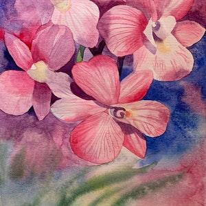 Pink Orchids ORIGINAL Painting Flower Eco Cotton Paper 8"X11" Home Interior WallArt Plant Aquarelle Handmade Tropical Floral by Elena Tuncer