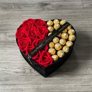 Love Heart Velvet Premium Silk Rose Chocolate Box- Hatbox, Home Decor, Flower Arrangement, Anniversary, Mother's Day, Flower box, Roses