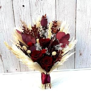 Navy burgundy bouquet, Preserved roses bouquet,Neutral bouquet, Dried pampas wedding, Boho wedding bouquet, Dried banksia, Fall bouquet