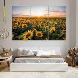 Big Field of Blooming Sunflowers Against Setting Sun Artwork for Home, Sunflowers Field Print Canvas, Sunflowers Painting for Wall