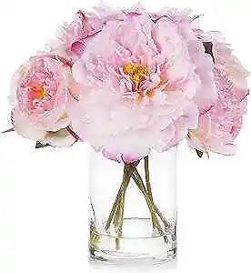 Peonies Silk Flowers in Vase, Fake Flowers with Faux Water in Glass Vase for