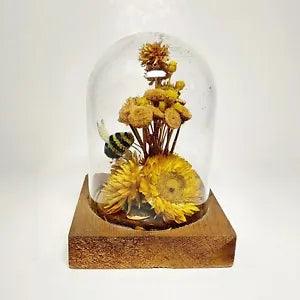 Vintage Dried Flowers Bee Glass Dome Cloche 5" Tall