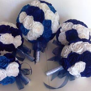 Wedding bridal bouquet, White Royal Blue Navy, turquoise teal mint, crepe paper flowers, rose peony aqua, bridesmaids bouquet, blue wedding