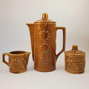 Vintage MCM Brown Sunflower Pattern Teapot Set Made in Japan