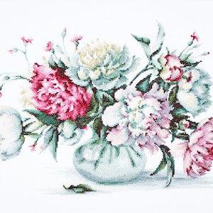 Pink and White Peonies Bouquet cross-stitch kit on Aida 18 count canvas. Spring Flowers. Cross Stitch kit by Luca-s B2263L