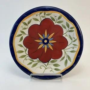 Pier 1 Red Peony Flower Blue Rim Plate 8 1/4???? Hand Painted Earthenware??