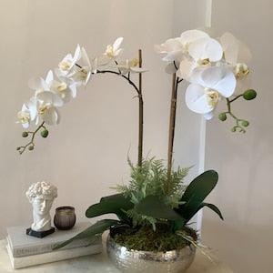 Artificial Luxurious and Stunning Large Faux Phalaenopsis White Orchid arrangement, set in a silver colour bowl.