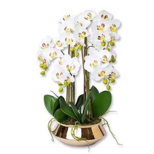 Large Artificial Orchid Plant, Realistic, With Golden Ceramic Planter, Indoor Fake Plant