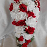 Bride wedding cascade bouquet red and white