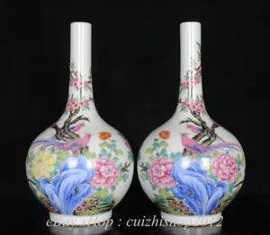15" Marked Old China famille rose Porcelain Palace Peony Flower Bird Vase Pair