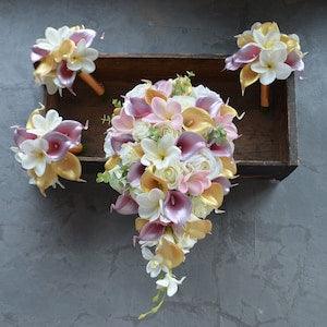 Rose Gold Wedding Bouquet, Gold Bridal Bouquet, Real Touch Roses, Calla Lilies, Plumerias Beach Wedding Bouquet