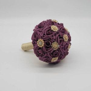 Plum and Gold Brooch Bridal Bouquet, Bridesmaid Bouquet, or Toss, Available in 27 colors,Matching Boutonnieres And Corsages Available