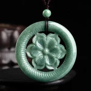 Natural Grade A Jade Jadeite Lucky Gift Perfect Peony Flower Circle Pendant