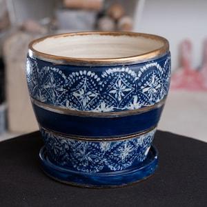 Elegant Royal Blue Ultra Carved Planter| Blue, White, Gold Glaze | Indoor Planting | Nature | Centerpiece | Drainage, Attached Dish | Wide