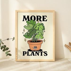 Retro Botanical Poster, More Plants Quote Print, Typographic Wall Decor, Monstera Illustration, Large Positivity Prints, Green, UNFRAMED