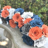 Wedding bouquet package in burnt orange and navy blue paper flowers - Cascading, toss, and 4 bridesmaid bouquets with matching boutonnieres