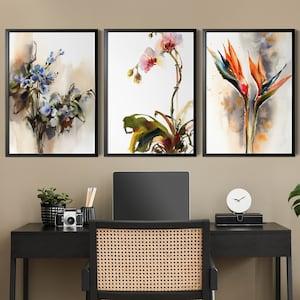Tropical Flowers Paintings 3 Pieces Wall Art Prints, Orchids and Bird of Paradise Florals Watercolor Art, Floral Set of 3 Canvas Art Prints