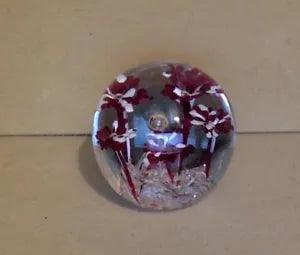Art Glass Paperweight. Cranberry & White Carnations.