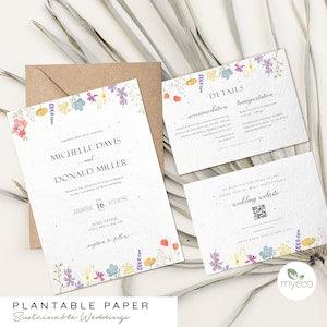 Plantable Wildflowers Wedding Invitation Set, Boho Floral Seeded Paper invitations, rsvp and detail card, Printed Invitation