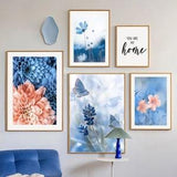Scandinavian Nordic Poster | Dandelion Peony Orchid Flower Canvas Painting | Modern Blue Tones | Home Decor Wall Art