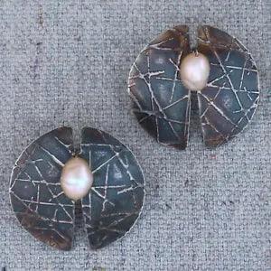 Vintage Abstract Modernist Geometric Sterling Silver Pearl Lily Pad Earrings