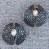 Vintage Abstract Modernist Geometric Sterling Silver Pearl Lily Pad Earrings