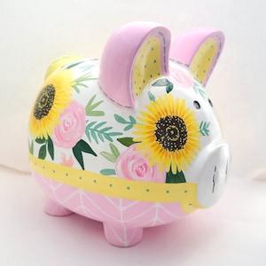 Sunflower Personalized Piggy Bank in Yellow, pink and green floral