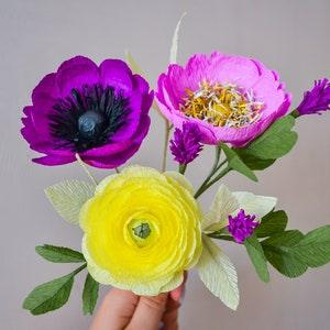 Handmade bouquet gift, Bright paper flowers bouquet, Housewarming paper flower gift, Crepe paper flowers, Anniversary gift, Mixed flowers