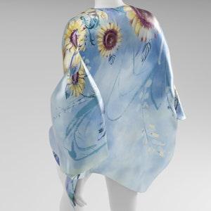 Sunflower Silk Scarf Blue for Women Handmade, Hand painted Silk Scarf Square Sunflower Gifts for her Silk Shawl Wrap Silk HeadScarf Mom Gift