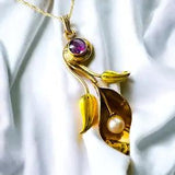 Antique 10k Gold Pearl Amethyst Necklace 18" Art Nouveau Calla Lily Flower 2.7g