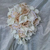 Ivory, beige, champagne cascading bridal bouquet, real touch calla lily, rose, orchid cascade bride bouquet with artificial flowers