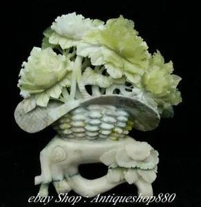 14" Natural Xiu Green Jade Carving Peony Flower basket Potted Plants Statue