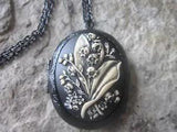 LILY OF THE VALLEY HAND PAINTED CAMEO BLACK ENAMEL LOCKET - UNIQUE - QUALITY
