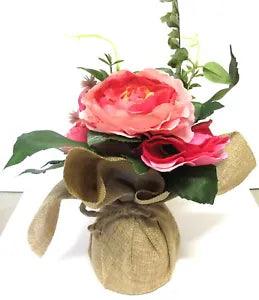 9 Inch Pink Ranunculus Cosmos Silk Floral Centerpiece,Burlap Wrapped
