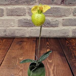 YELLOW Mini Artificial Paphiopedilum Lady Slipper Orchid On Disc. Silk Flowers