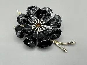 Vintage Signed Coro Black Carnation Flower Brooch CUTE Silver tone 3 1/2in???