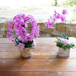 JennysFlowerShop Real Touch Artificial Phanaenopsis Orchid Arrangement w/Wooden Vase Party Centerpiece/Home Decoration Purple Pink