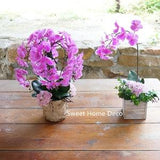 JennysFlowerShop Real Touch Artificial Phanaenopsis Orchid Arrangement w/Wooden Vase Party Centerpiece/Home Decoration Purple Pink